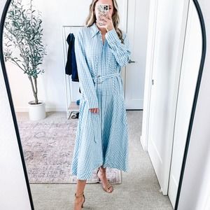 TIBI Blue & White Checkered Long Sleeve Midi Dress